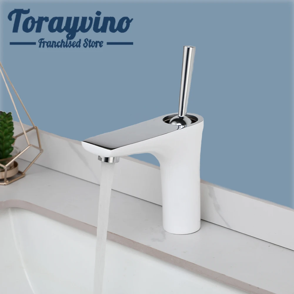 

Torayvino Deck Mounted Bathroom Faucet White Plated With Chrome Finished Stream Water Special Handle Basin Hot Cold Mixer Taps