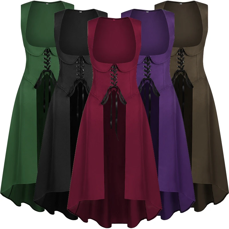 2022 Frühling/Herbst Armeegrünes mittelalterliches Renaissance-Midikleid für Frauen, Halloween Vintage Damen Cosplay Kostüm Performance Wear
