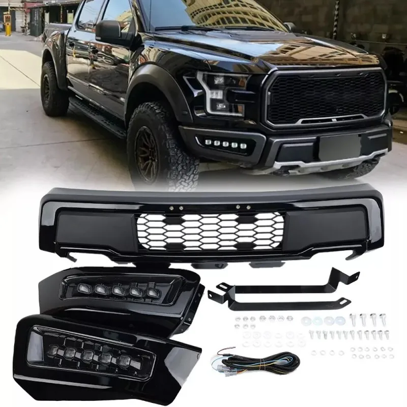 Raptor Style Set Front Bumper Lower Mesh W/LED Lights Front Bumper For Ford F-150 2018-2020