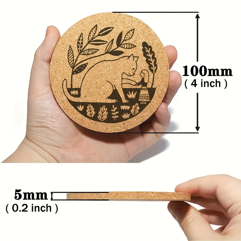 4pcs Natural Wooden Mat Cork Coaster Engraved Lovely Cat Girl Pattern Coffee Cup Mug Drinks Holder Tableware Round Drink Coaster