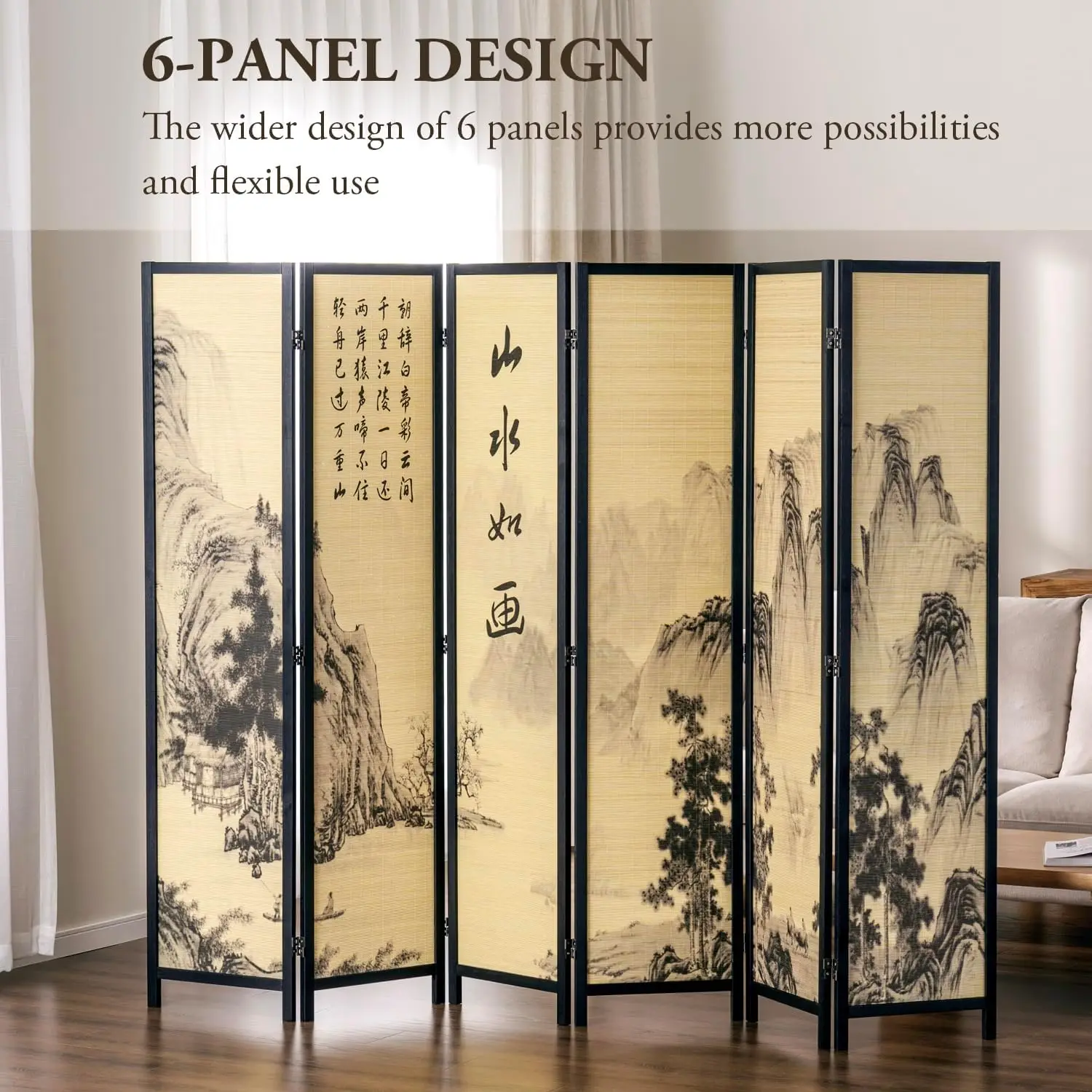 MyGift Decorative 6 Panel Folding Room Divider Bamboo Screen with Chinese Calligraphy Design, Freestanding Floral Artwork Room