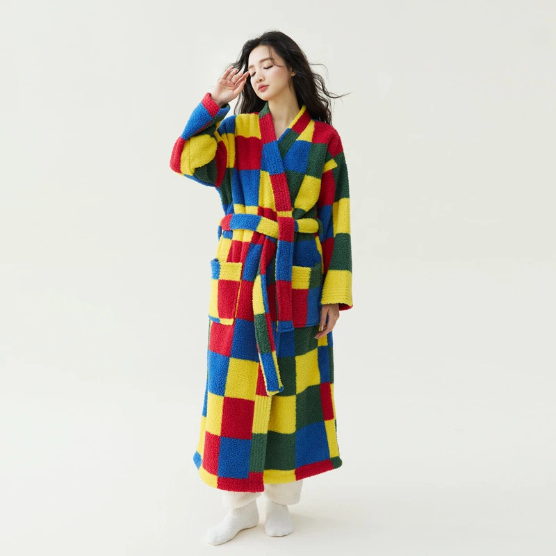 

Female Long Robe Kimono Bathrobe Gown Plaid Sleepwear Homewear Winter Warm Thicken Coral Fleece Night Wear Loungewear