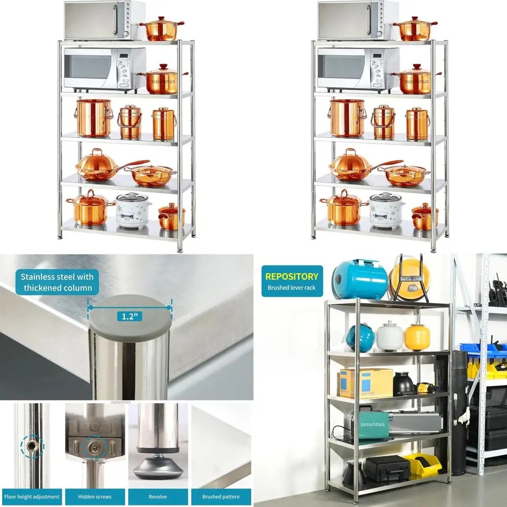 

Регулируемые 5-ярусные стеллажи из нержавеющей стали для тяжелых нагрузок, для кухни, гаража и промышленного использования