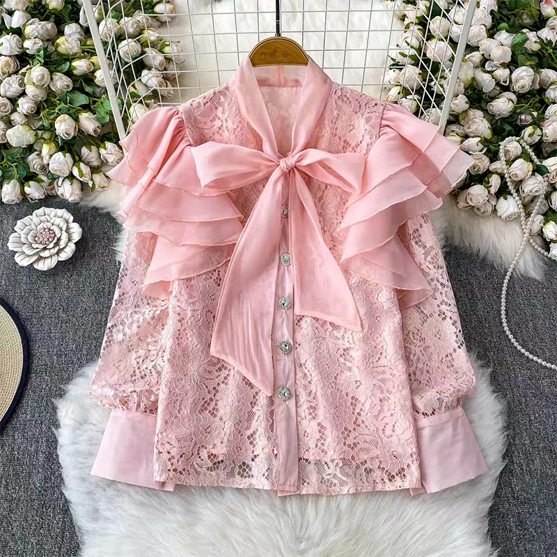 

French lace patchwork ruffle edge lace up shirt for women 2025 new style high-end socialite, slimming shirt outerwear
