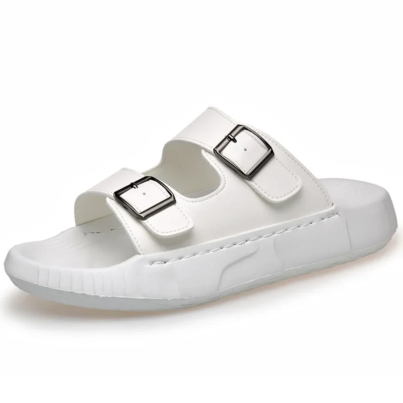 Nova fivela designer chinelos para homens verão moda casual cor sólida ao ar livre sapatos de praia masculino anti-deslizamento sandálias de couro homem