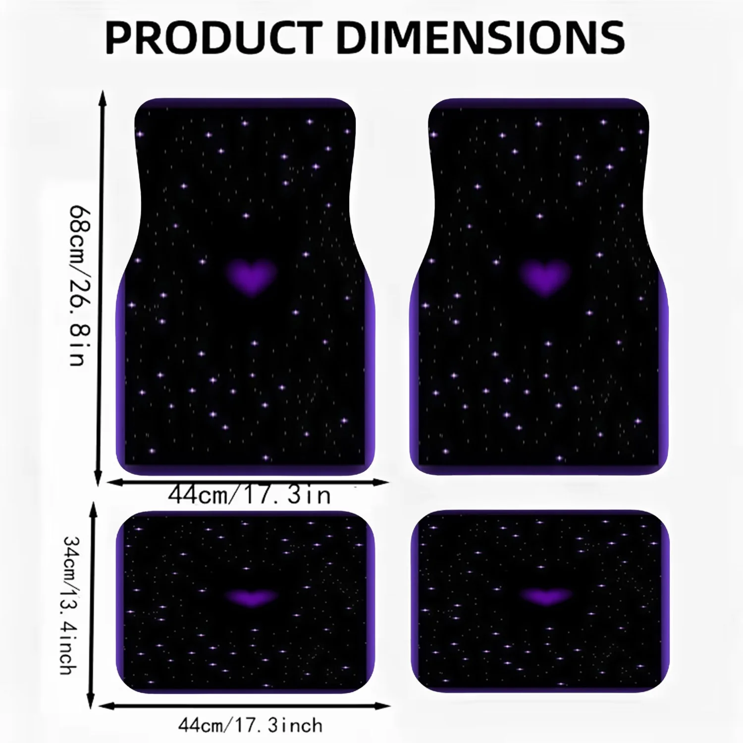 A Set Of Four Car Floor Mats Featuring A Purple Design With Stars And Hearts, Made From Polyester, Suitable For Any Car Interior