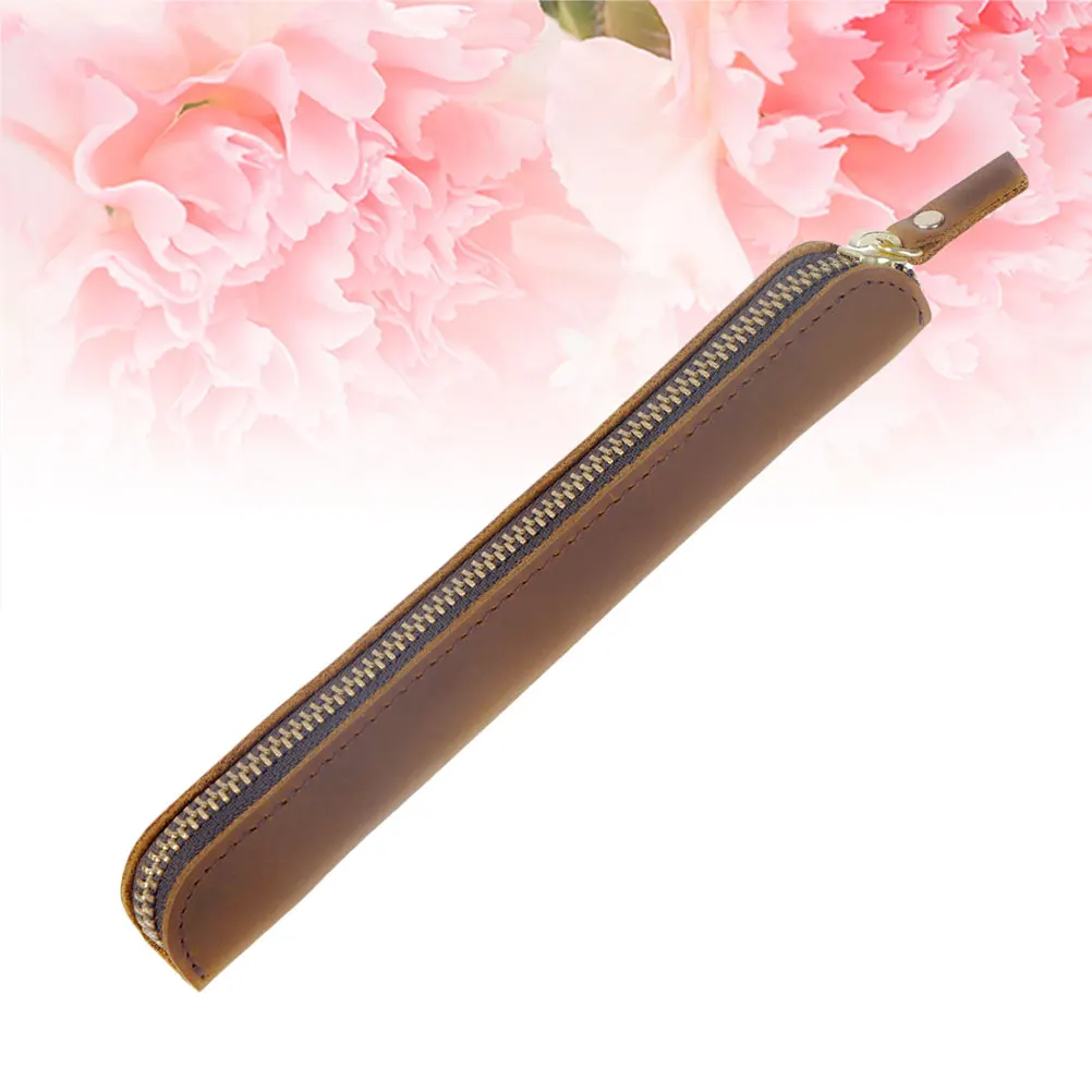 

Cowhide Pen Set Pouch Pencil Case Rolling Single Zippered Bags Holder with Cover