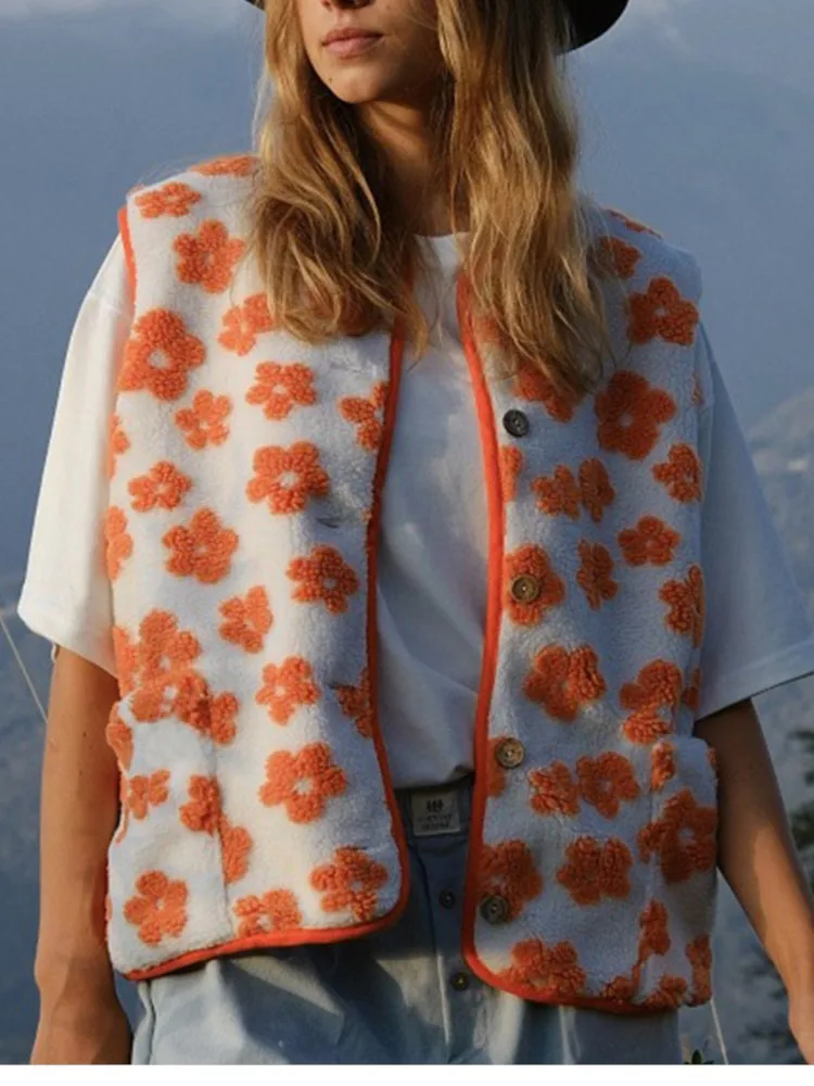 Women's Fashion Flower Print Vest Autumn And Winter Elegant Fleece Round-neck Cardigan Loose Casual Versatile Warm Vest Top