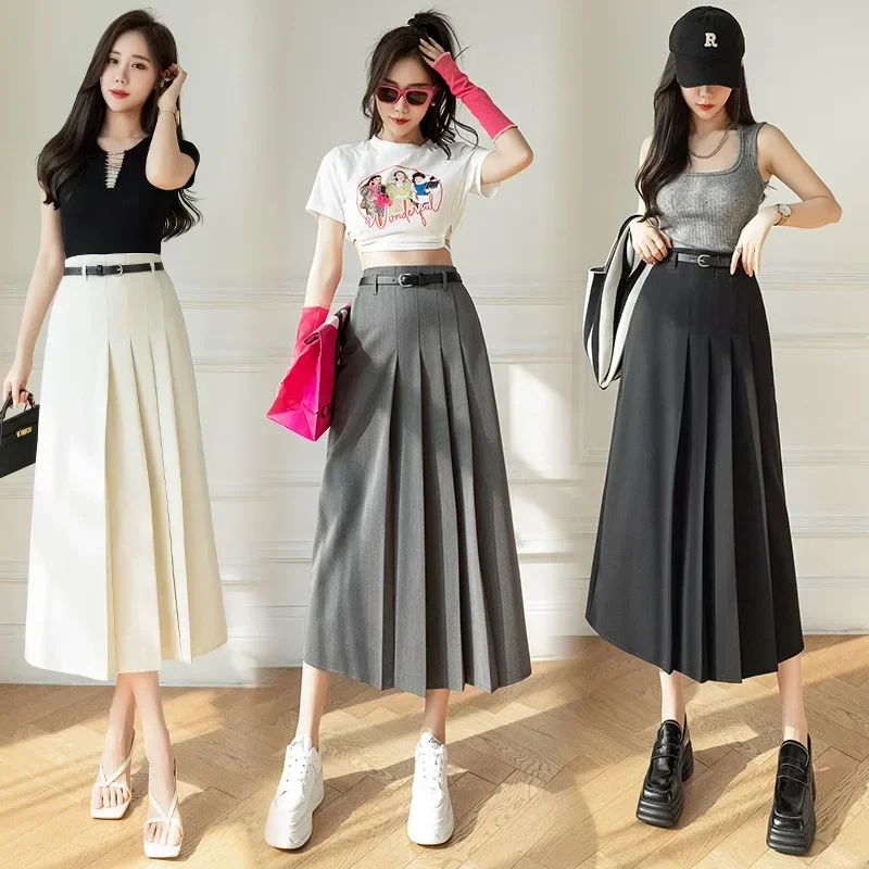 Grey Mid-Length Skirt for Women 2025 Autumn and Winter New Design High Waist Slimming Pleated Skirt Apricot Cover a-Line Skirt