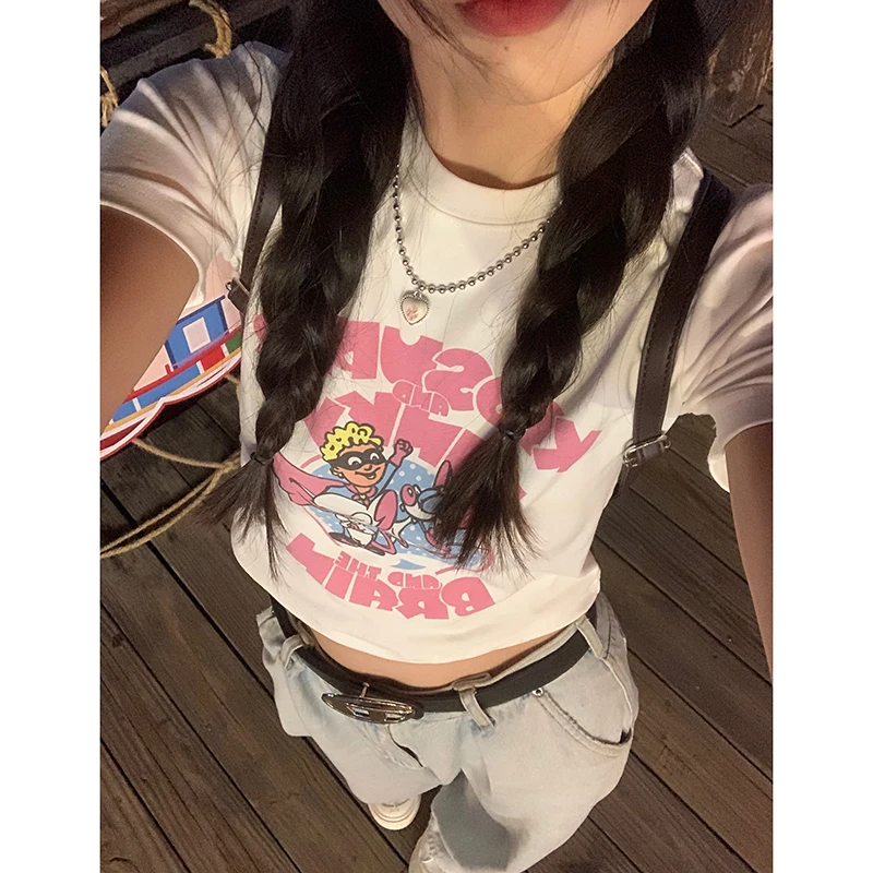 2024 Summer New Letter Print T-shirt Women Cute Slim Short Tees Girls Sweet Versatile Graphic T Shirts Female Y2k Tops