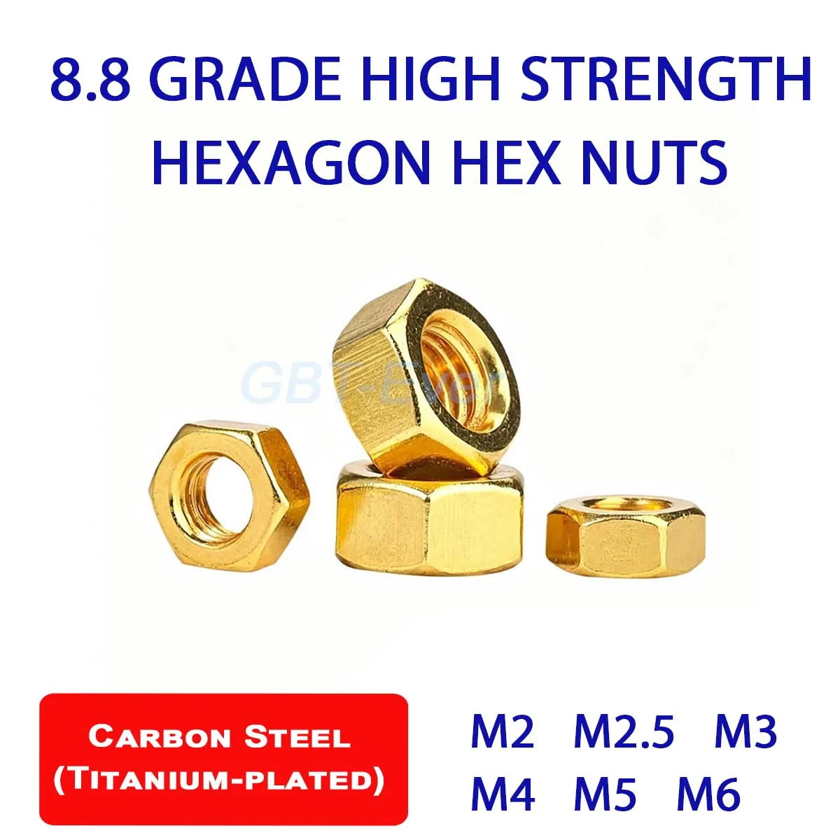 

50-2000pcs Hexagon Hex Nuts M2 M2.5 M3 M4 M5 M6 Hex Nut Titanium-plated Carbon Steel Hex Nut 8.8 Grade High Strength Nut