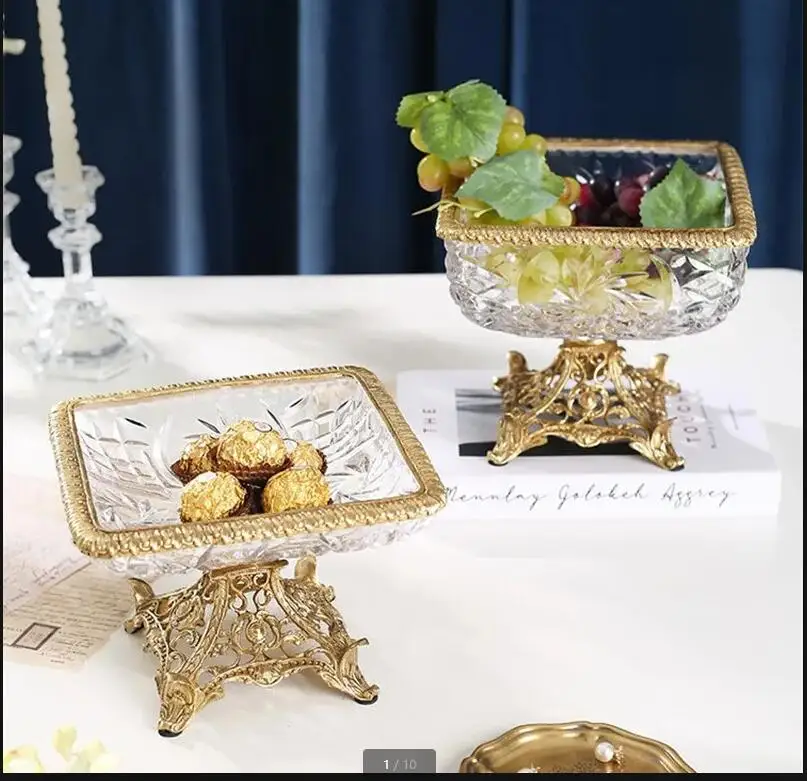 Brass Crystal Glass Fruit Plate Bowl Storage Tray Candy Snack Dish Decorative Cake Pan Dessert