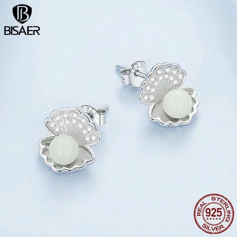 BISAER 925 Sterling Silver Luminous Night Pearl Shell Stud Earrings Ear Clip Plated Platinum For Woman Original Fine Jewelry