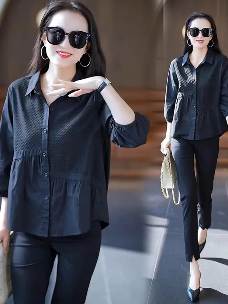 

Spring New Women's Casual Shirt Slim Fit Asymmetrical Design Seven-Quarter Sleeve Pure Color Base Top Fashionable Loose Polye...