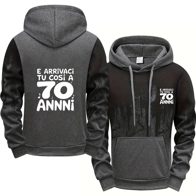 هوديي رجالي رمادي أسود مطبوع 70 عامًا للاحتفال بعيد الميلاد، ملابس كاجوال قطنية عالية الجودة للرجال