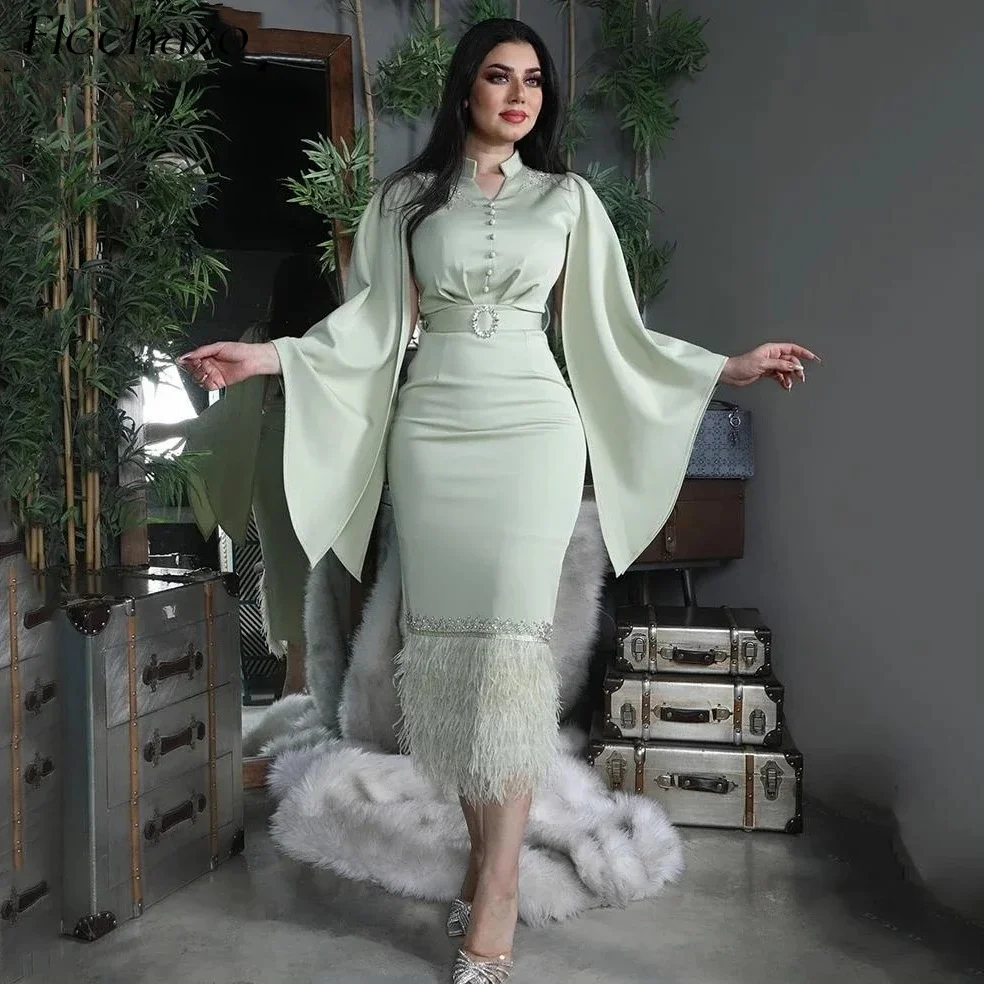 

Flechazo Mint Green Evening Dresses V Neck Flare Sleeve Feathers Beads Tea-Length Party Dress For Women 2024 vestidos de fiesta