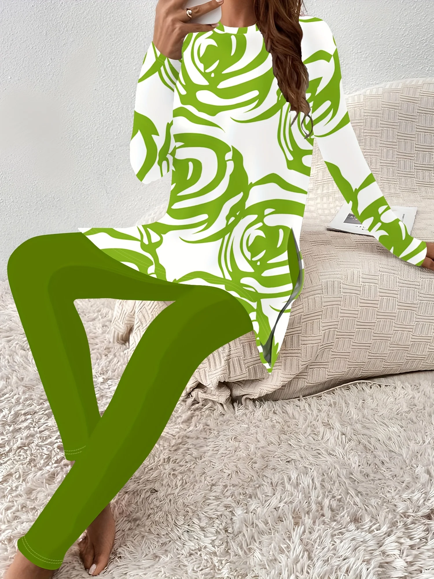 

Printed Design Spring and Autumn styles Green Rose Pattern Print Dress vacation style women's pants suit