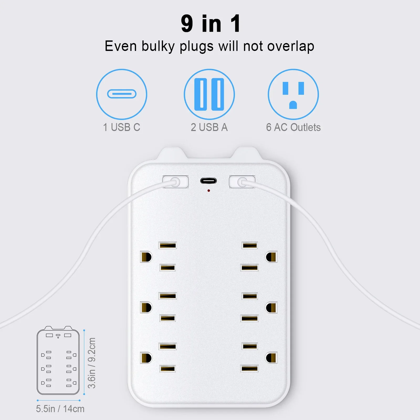 9 in 1 Socket Surge Protector 6 Outlet Extender with 2 USB & 1 Type-C Ports Spaced Power Strip Multi Plug Outlets Wall Adapter