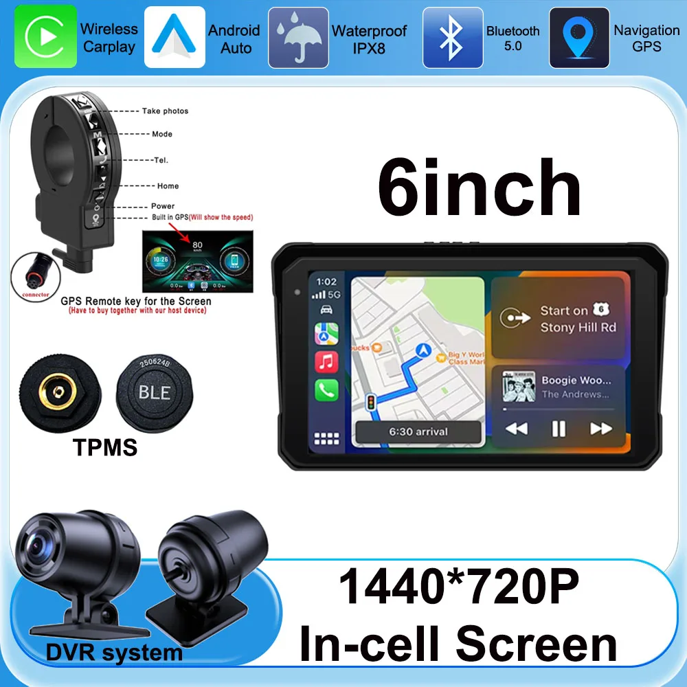 

6inch Motorcycle 1440*720P Screen Navigation GPS Wireless CarPlay Android Auto Motorcycle GPS Motor DVR Monitor TPMS Optional