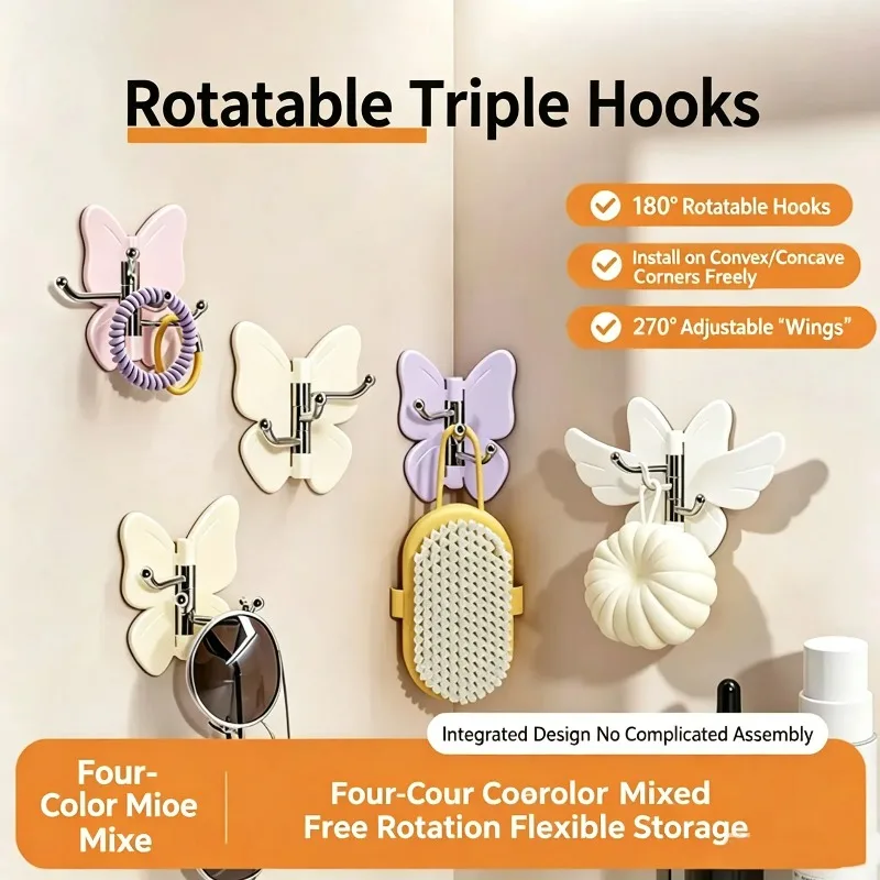 Plastic Rotating Butterfly Wall Hooks Wall Mounted Self Adhesive Butterfly Triple Hook Decorative Space Saving Corner Hooks