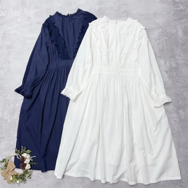 

Johnature Sweet Lace Dress With Lining New Spring Loose-fitting Mid-length Long-sleeve Lace Women Casual Dresses