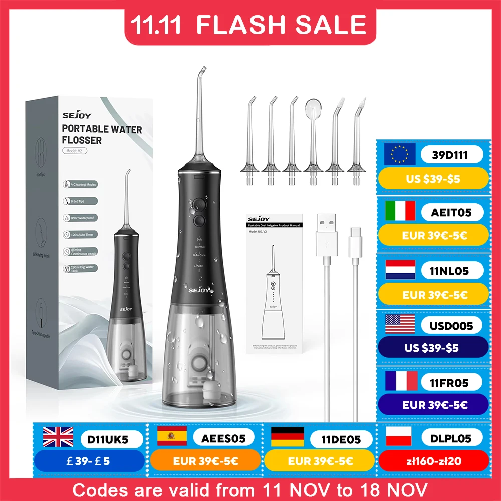 Sejoy Dental Oral Irrigator Water Flosser Thread Teeth Pick Mouth Washing Machine 4 Nozzels 4 Modes Magnetic Rechargeable