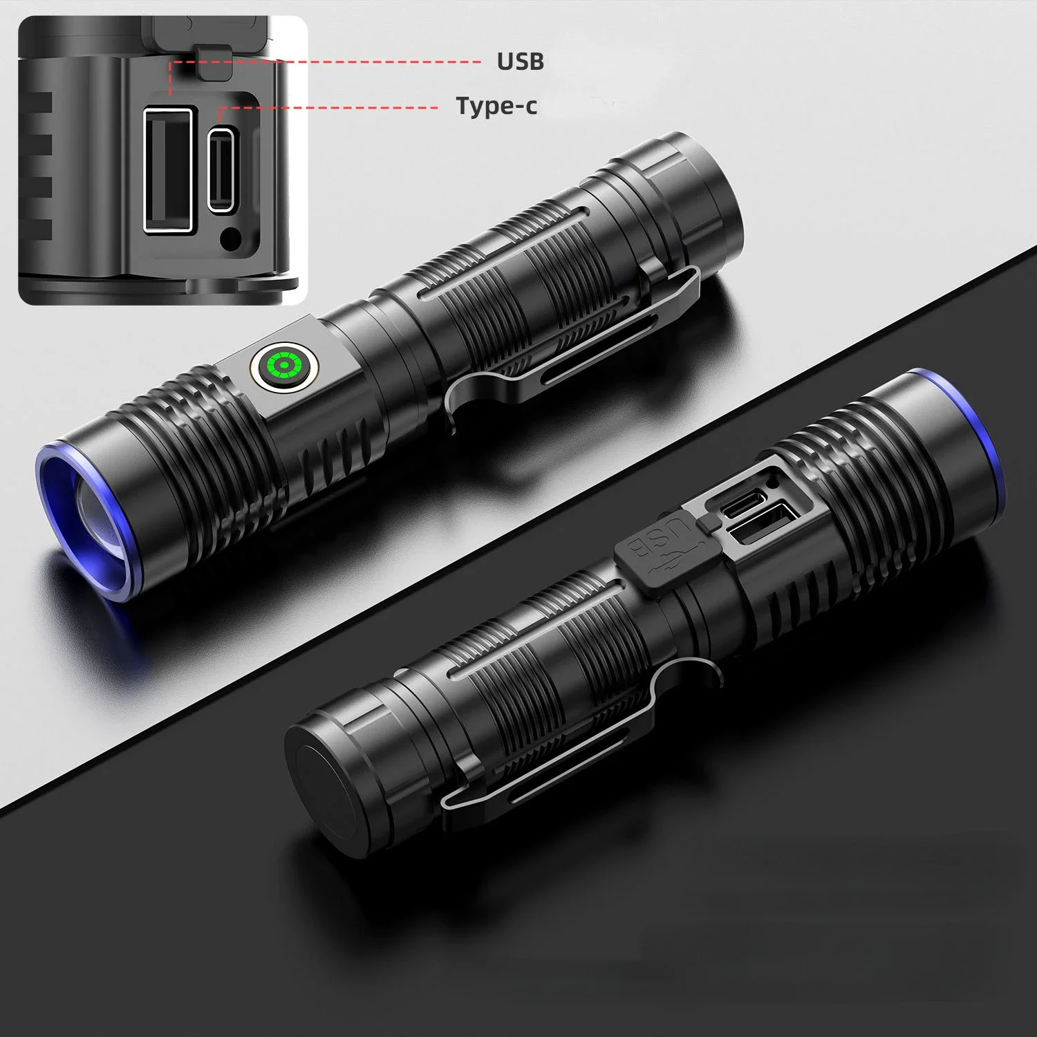 ไฟฉาย LED ระยะไกลชาร์จด้วย USB 2170แบตเตอรี่ลิเธียมสำหรับกลางแจ้งส่องทางไกลซูมสว่างมากสำหรับล่าสัตว์ตั้งแคมป์