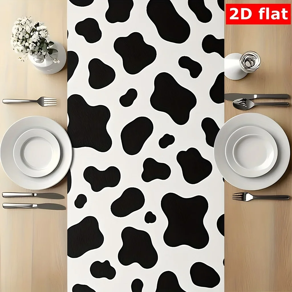 Cow Pattern Table Runner - 1PC Black White Farmhouse Meadow Texture Rustic Modern Cover for Dining Coffee Table