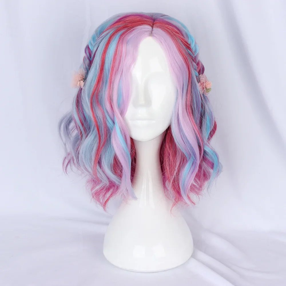 

Synthetic Short Wavy Curly Wigs Ombre Colorful Mixed Natural Lolita Cosplay Fluffy Hair Wig for Daily Party