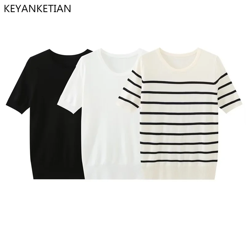 KEYANKETIAN Summer Wear Crew Neck Short Sleeve Slim Thin Striped Sweater Women\'s Casual Style Simple Elastic Pullover Short Top