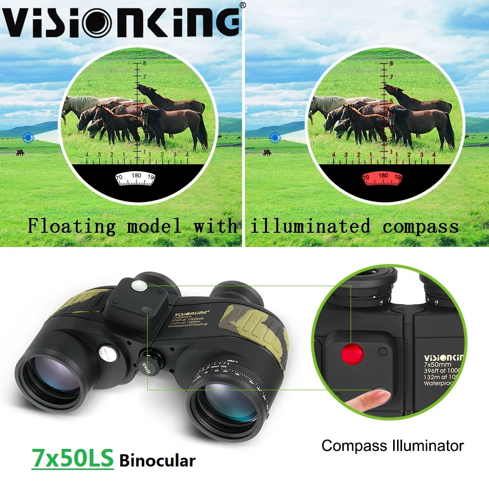 

Visionking 7x50 Compass Illuminated Binocular Rangefinder Professional BAk4 FMC Hunting Boating Military Guide Scope Telescope