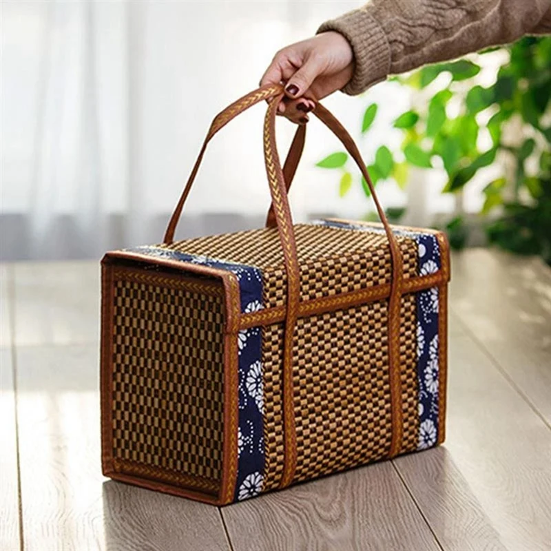 Picnic Woven Basket Wicker Storage Bag Handle Rattan Grass Foldable Bamboo Basket