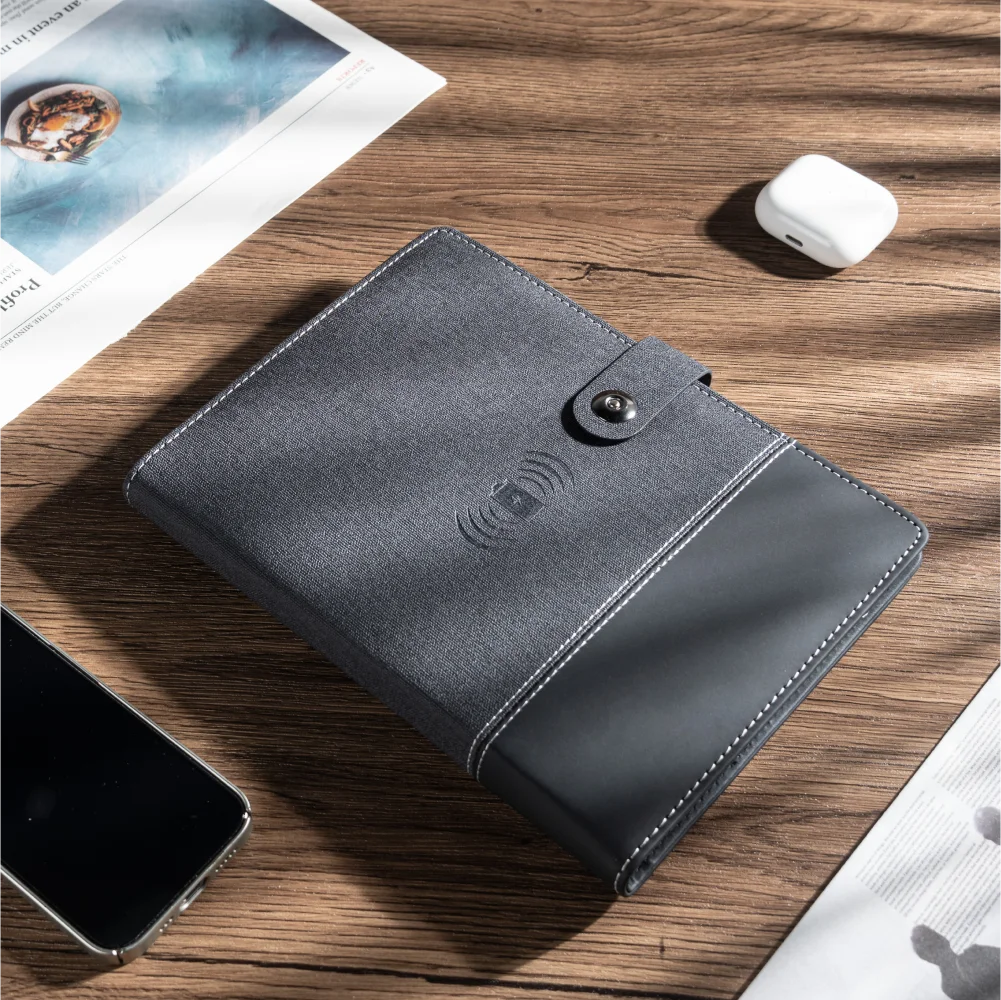 A5 Wireless Charging Notebook with Linen and Leather Cover, 3-in-1 Cable, Card Slots, Document Pocket and Premium Paper