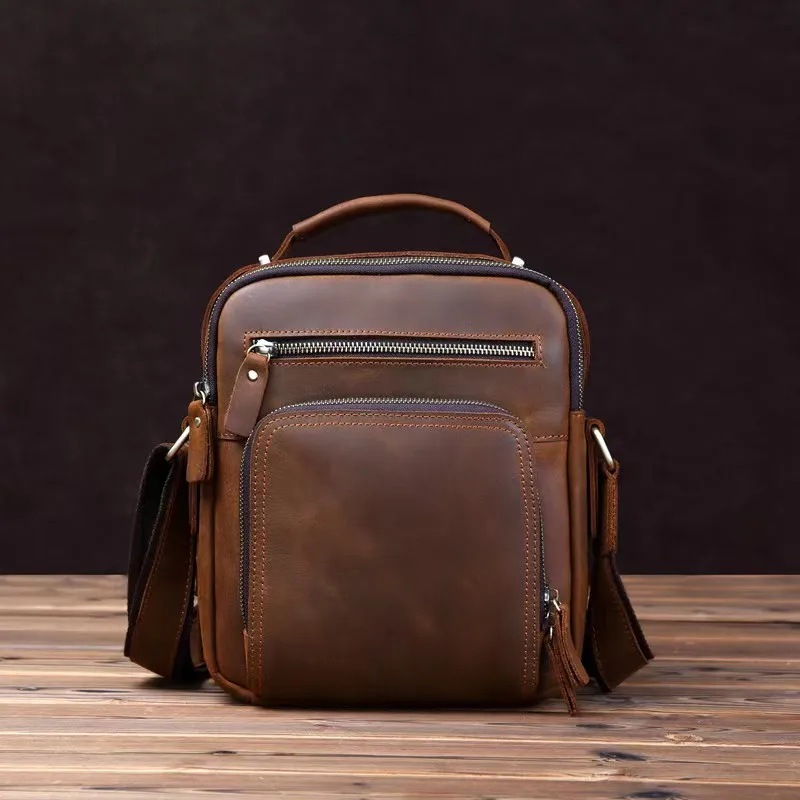 LION VERA Men's High end Leather Diagonal Cross Bag 10 inches Large Capacity Multi layer Shoulder Bag Retro Postman Bag