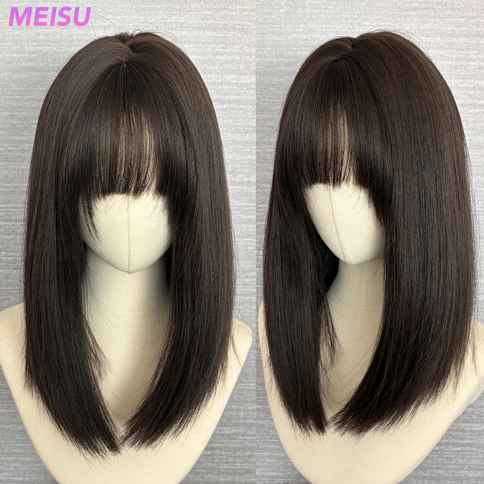 MEISU 16 بوصة الشاي الأسود الاصطناعية الانفجارات الهوائية شعر مستعار مستقيم الطبقات مستقيم الباروكات الألياف مقاومة للحرارة حفلة أو صورة شخصية للنساء #1