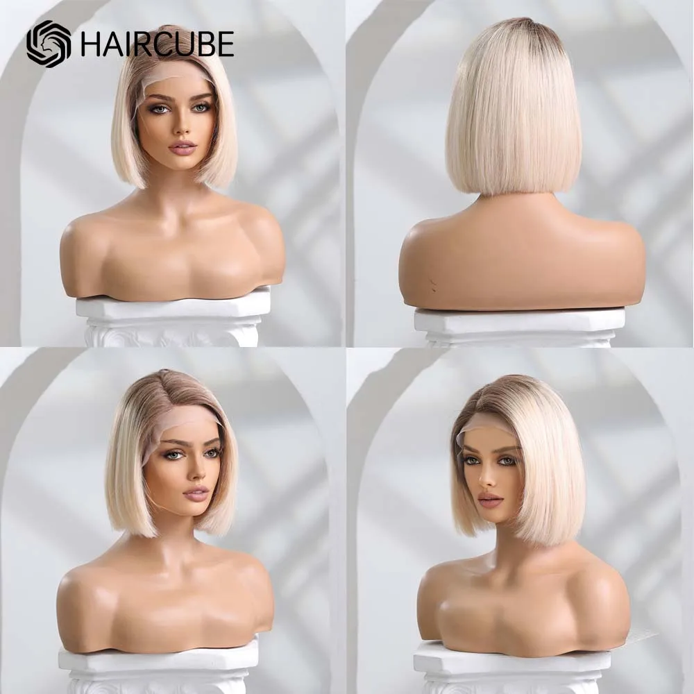 HAIRCUBE สั้นสีบลอนด์วิกผมมนุษย์ Remy 13 × 5 × 1ลูกไม้ด้านหน้าวิกผมเด็ก Ombre ตรง bob Lace ด้านหน้า Wigs สำหรับผู้หญิง