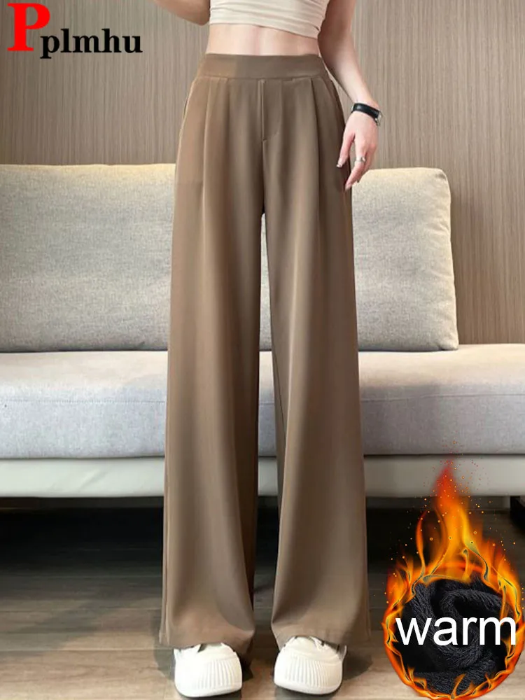 

Women Formal Loose Thicken Straight Suit Pants Winter Warm Elastic High Waist Velvet Lined Wide Leg Pantalones Chic Solid Calca