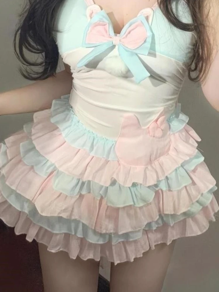 Vestidos elegantes de estilo dulce Harajuku para mujer, minivestido Y2k con bonito lazo y cuello Halter, diseño de pastel, trajes Retro de moda femenina 2025