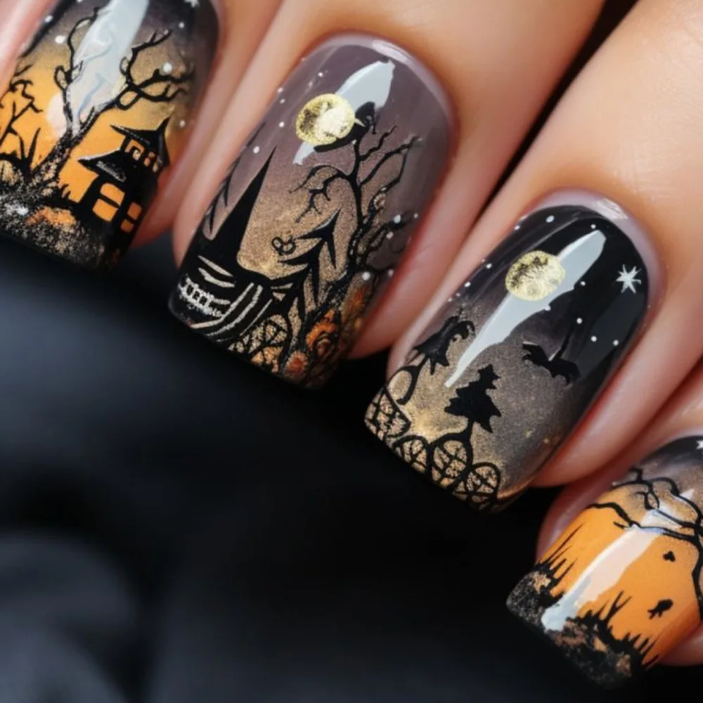 

24Pcs Short Square False Nails Dark Forest Castle Design Press on Fake Nails Halloween Reusable Artificial Full Cover Nails Tips