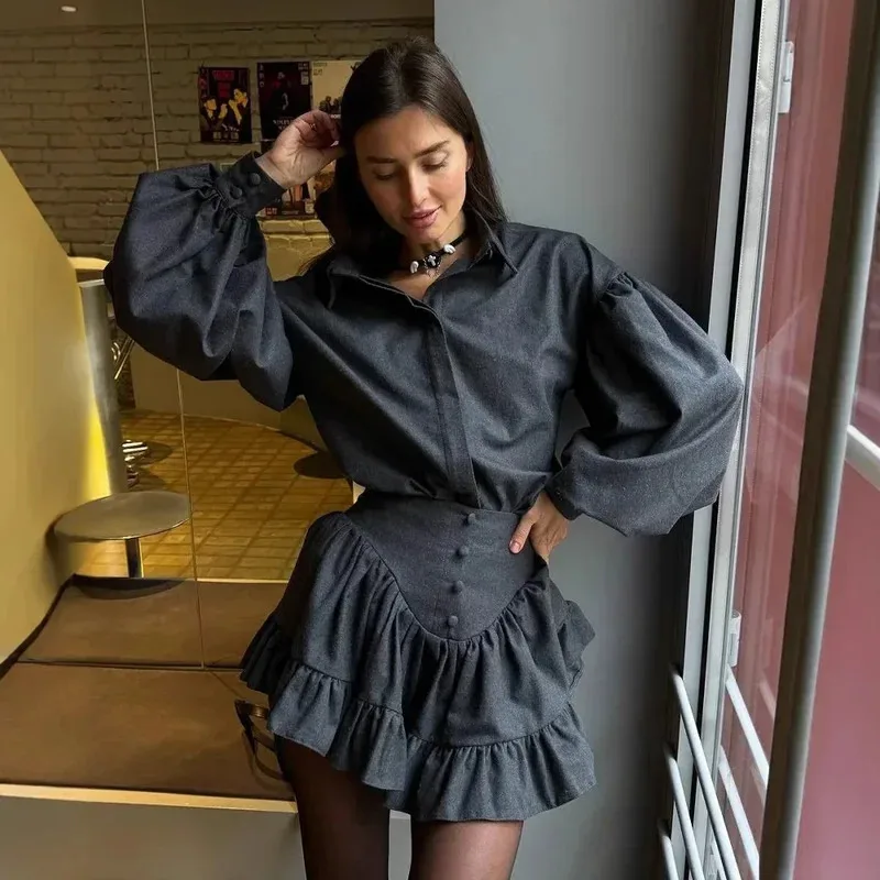 

2025 New Elegantsuit Women's Clothing Set High-End Feel Spring Plaid Design Sensibility Ruffle Edge Mini Dress 2-Piece Wholesale