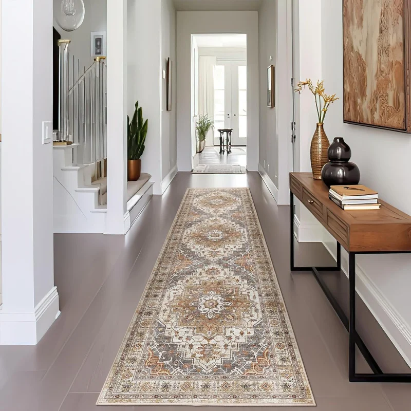 VIKAMA Bohemian Distressed Medallion Läufer-Teppich, rutschfeste, schmutzabweisende Bodenmatte für die Dekoration von Bauernhausfluren