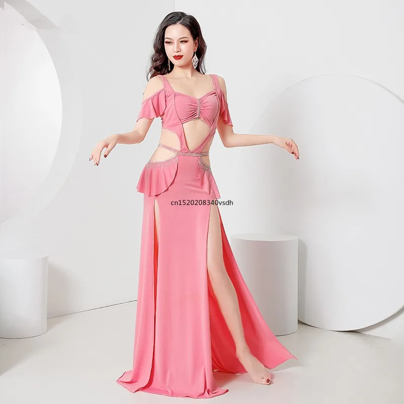 Belly Dance Costume 2 Piece Baladi Dress Women  Set French Sexy Elegant Ruffle Sleeve Top Sexy Side Split Skirt Long Cream New