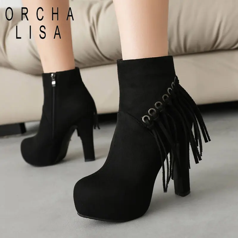 ORCHA LISA Flock Suede Women Ankle Boots Round Toe Chunky Heels 12cm Platform Zipper Tassels Plus Size 42 43 Elegant Party Bota