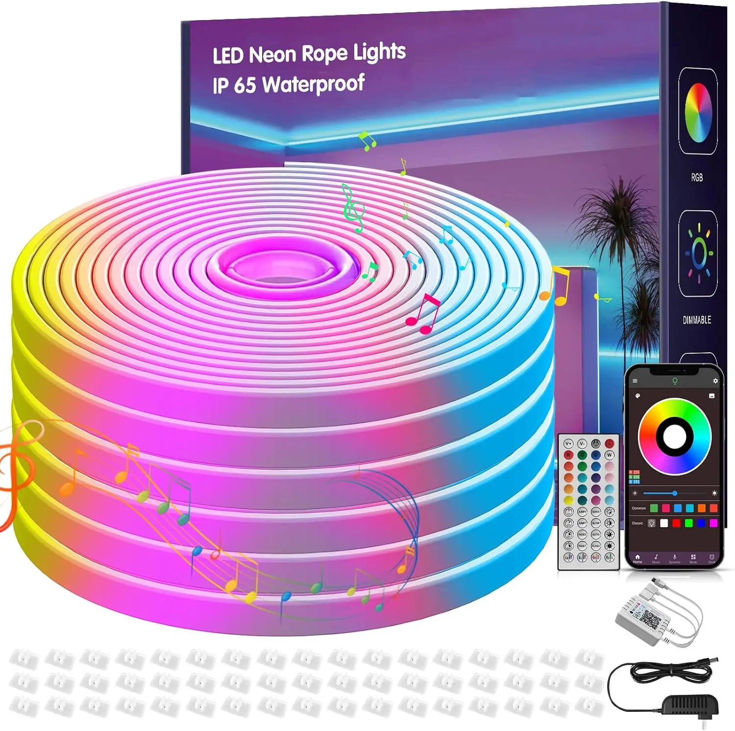 100FT Music Sync RGB LED Neon Rope Lights with Remote & App Control, Waterproof Outdoor Strip for Bedroom, Party Decor