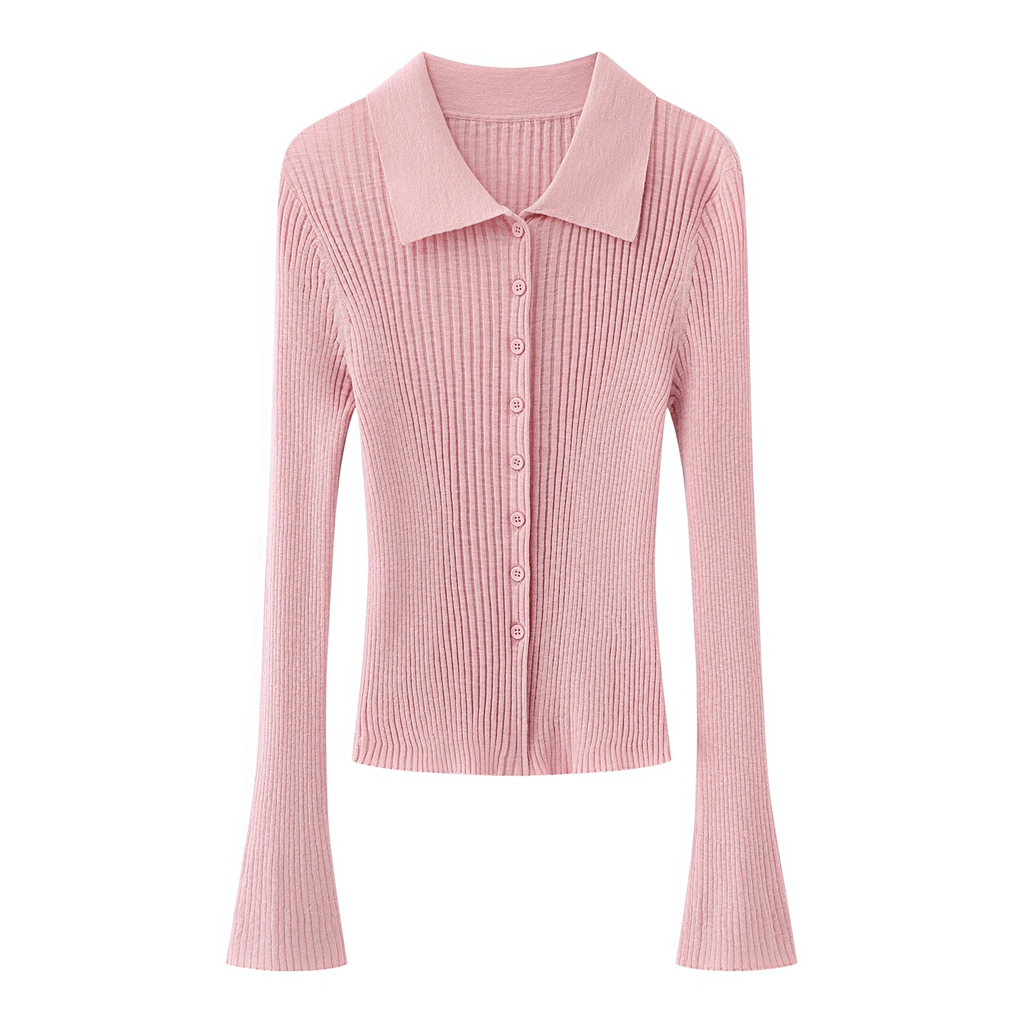 Xiao Ai's Summer 2026 Fashion  Collar Slim Fit Knitted Cardigan Sweater Pink Flared Sleeve Soft Casual Style Chinese Made