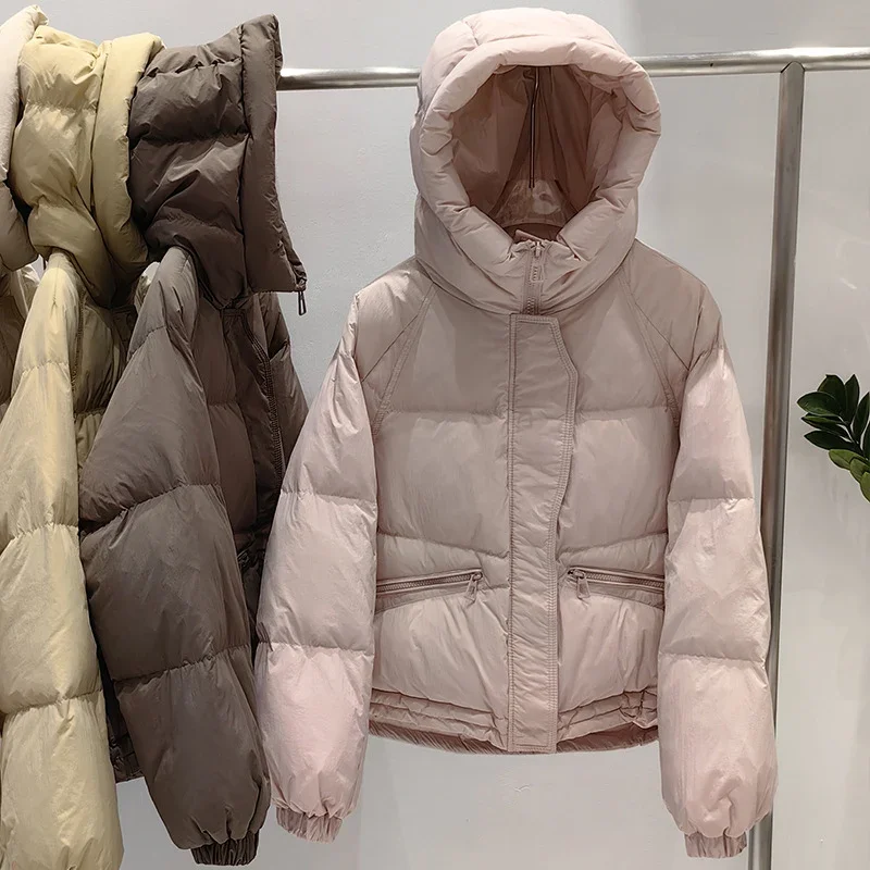 Schinteon 여성용 후드 다운 재킷, 따뜻한 외투, 드로스트링, 루즈 캐주얼, 화이트 덕 다운, 짧은 코트, 가을, 겨울, 2024 신상