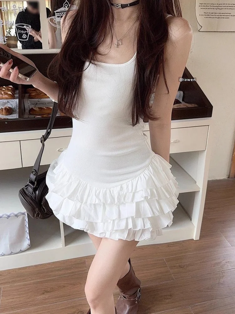 Mini abiti sexy senza maniche con scollo a U Moda donna Estate Nuovo bianco solido Y2K Ruffle torta pieghettata aderente Abiti da festa casual