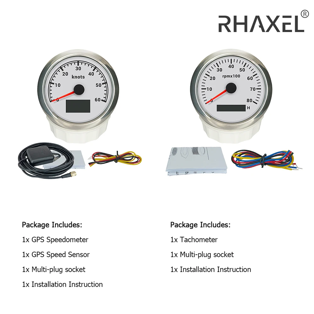 

RHAXEL Gauge Kit 3 3/8'' Speedometer GPS 0-60Knots Tachometer 8000RPM 12V 24V for Marine Yachts Vessels with 7 Colors Backlight