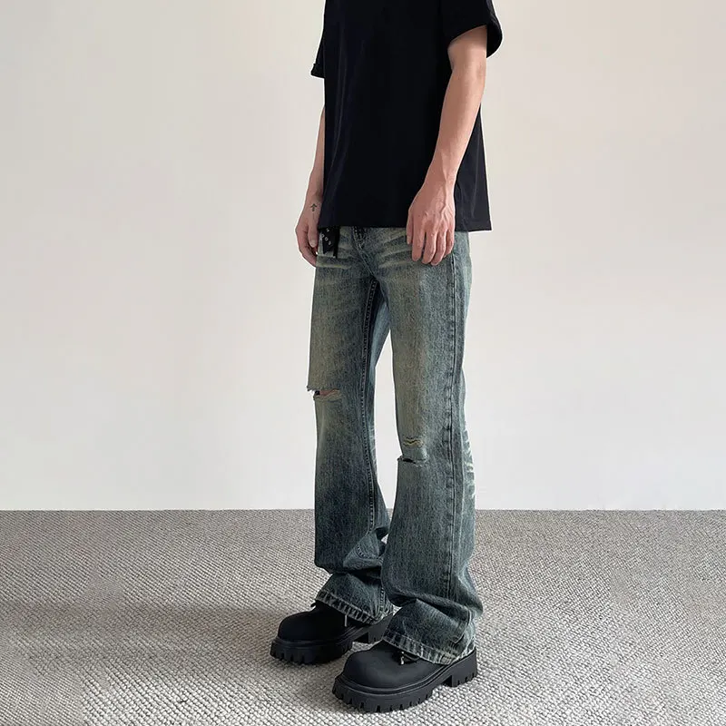 American High Street Vintage Ripped Jeans, Men's New Fashion Made-old Straight Slightly Flared Pants, Casual Floor-length Jeans