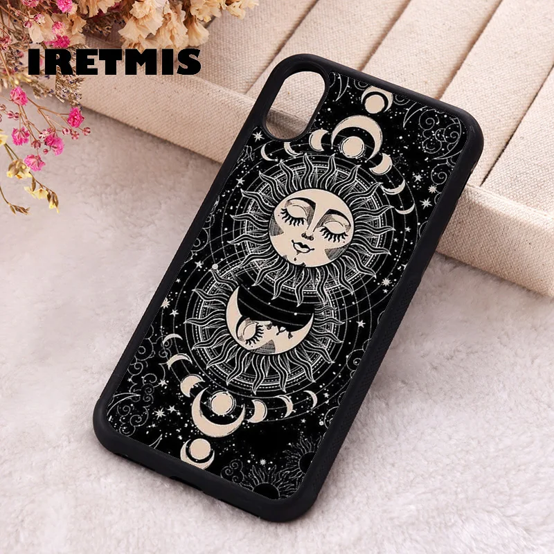 Iretmis Phone Cover Case For iPhone X XS Max XR 11 12 13 PRO MINI 14 15 16 Plus Rubber Preppy Black Celestial Sun Moon And Star